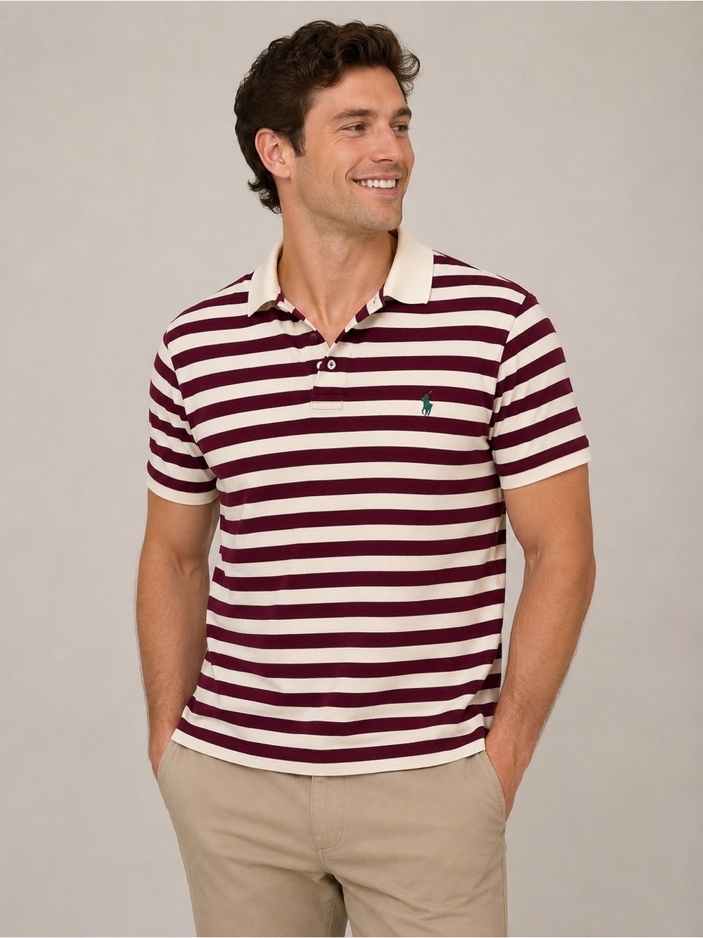 Ralph Lauren Burgundy and Cream Striped Polo with green horse logo embroidery L